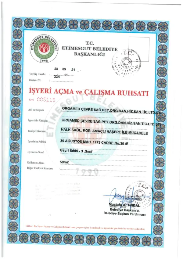 İşyeri Açma ve Çalışma Ruhsatı